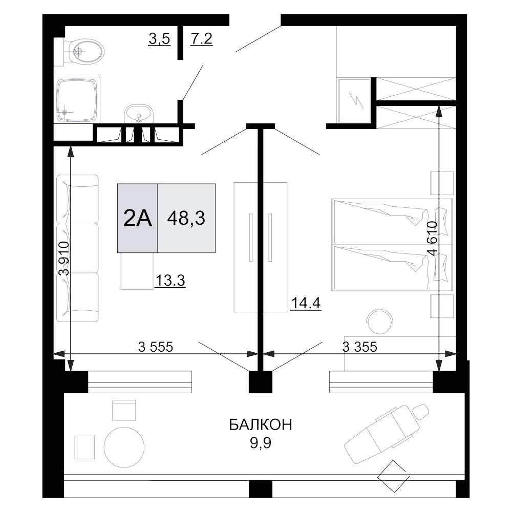 Планировка — Гостиничный комплекс Мореград, 2-комн., 38 м²