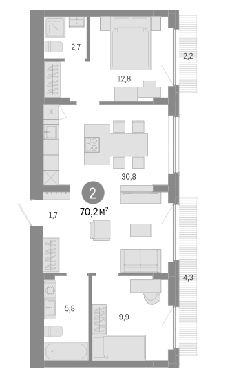 Планировка — Пшеница, 3-комн., 64 м²