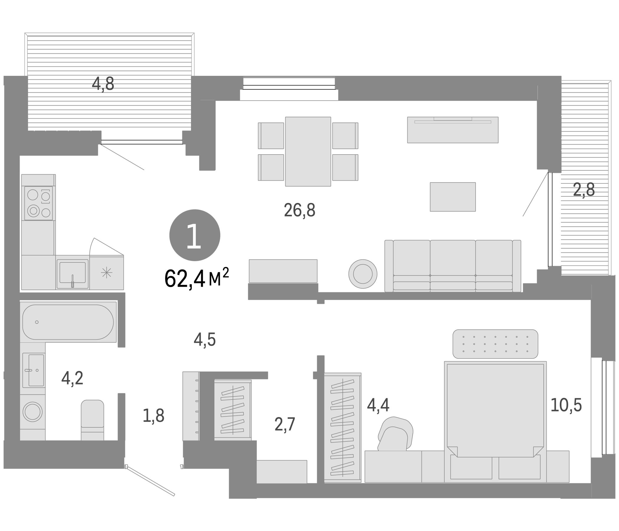 Планировка — Пшеница, 2-комн., 55 м²