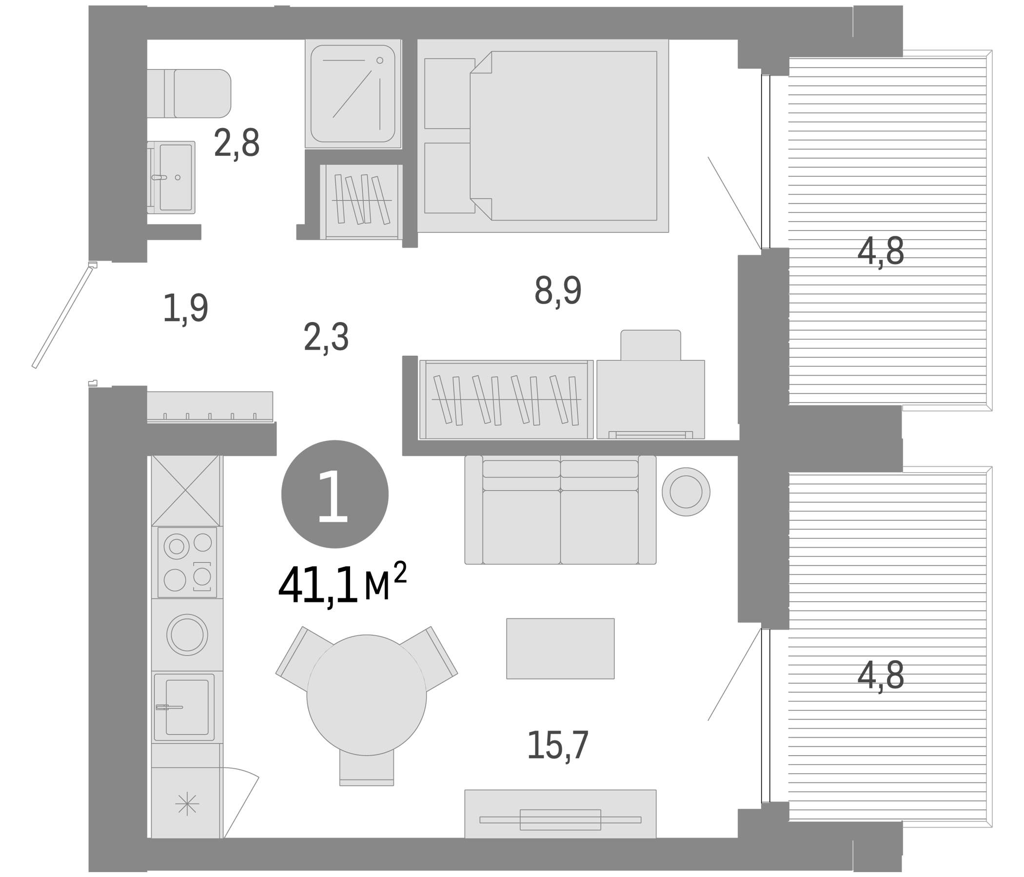 Планировка — Пшеница, 2-комн., 32 м²