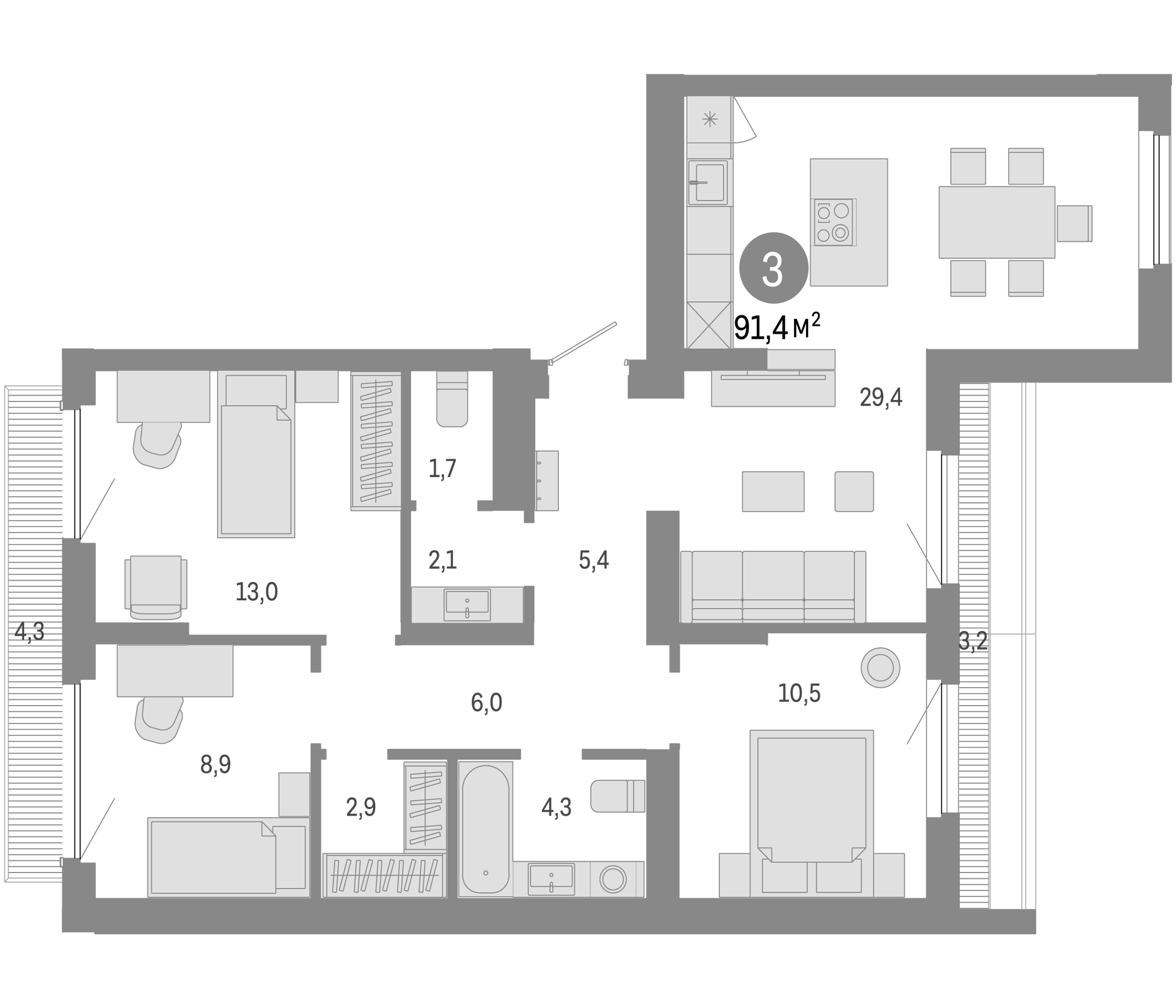 Планировка — Пшеница, 4-комн., 84 м²