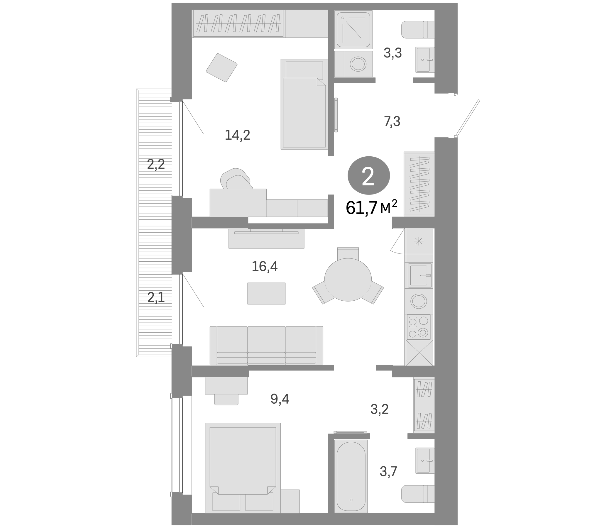 Планировка — Пшеница, 3-комн., 57 м²