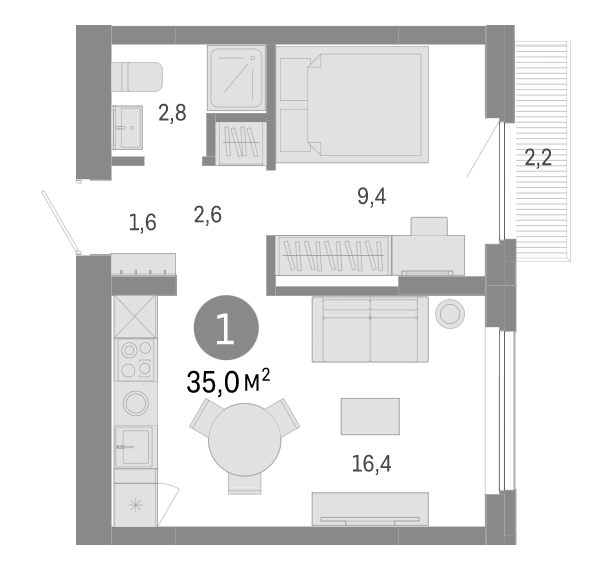 Планировка — Пшеница, 2-комн., 33 м²
