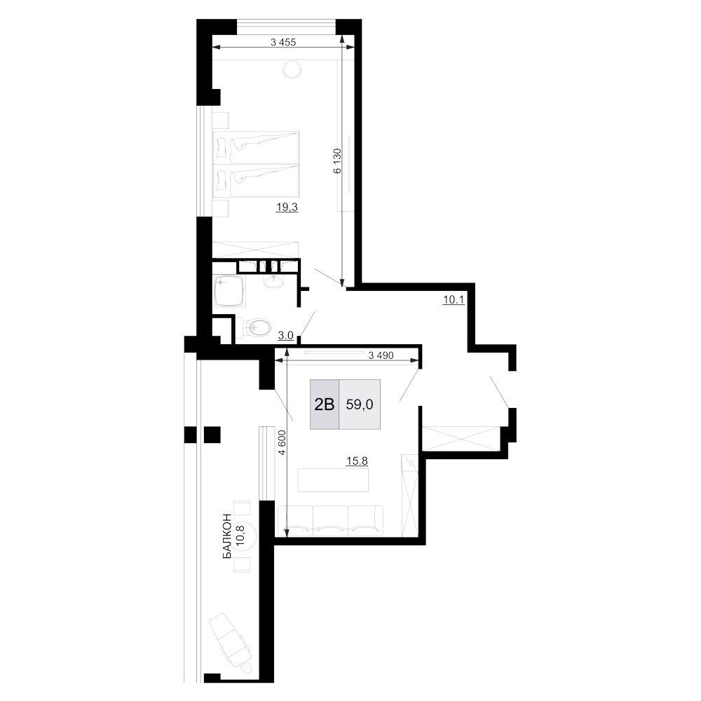 Планировка — Гостиничный комплекс Мореград, 2-комн., 48 м²