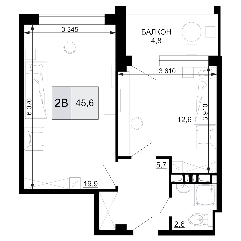 Планировка — Гостиничный комплекс Мореград, 2-комн., 41 м²