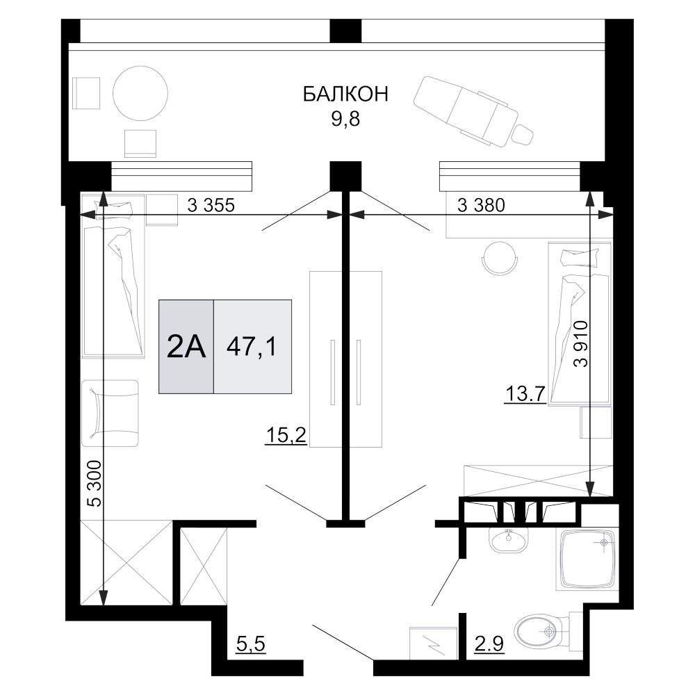 Планировка — Гостиничный комплекс Мореград, 2-комн., 37 м²