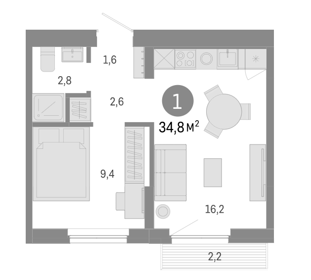 Планировка — Пшеница, 2-комн., 33 м²