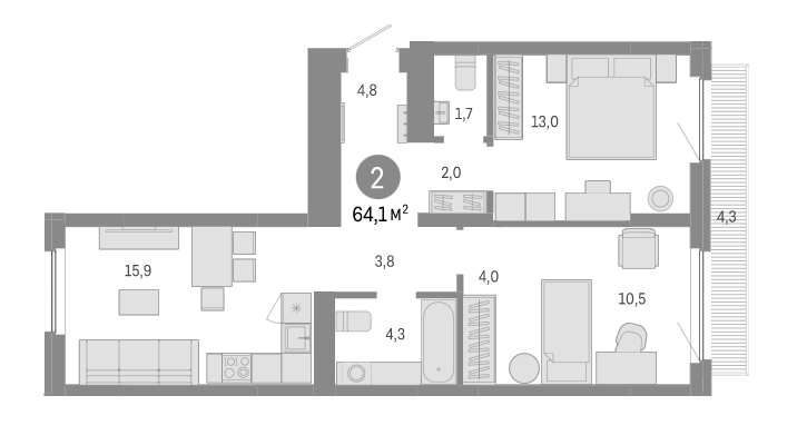 Планировка — Пшеница, 3-комн., 60 м²