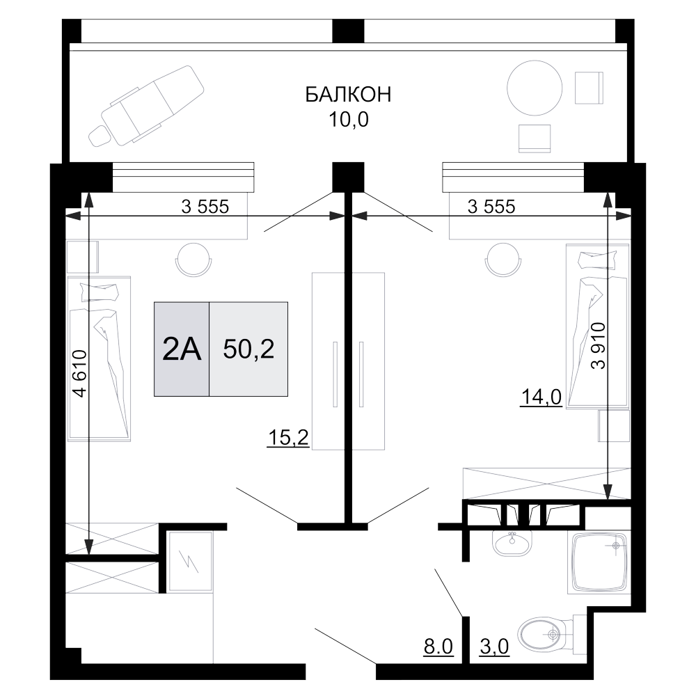 Планировка — Гостиничный комплекс Мореград, 2-комн., 40 м²