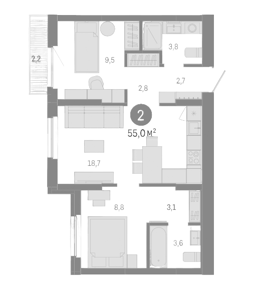 Планировка — Пшеница, 3-комн., 53 м²