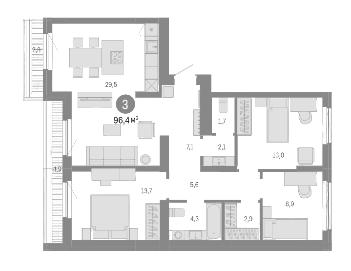 Планировка — Пшеница, 4-комн., 89 м²
