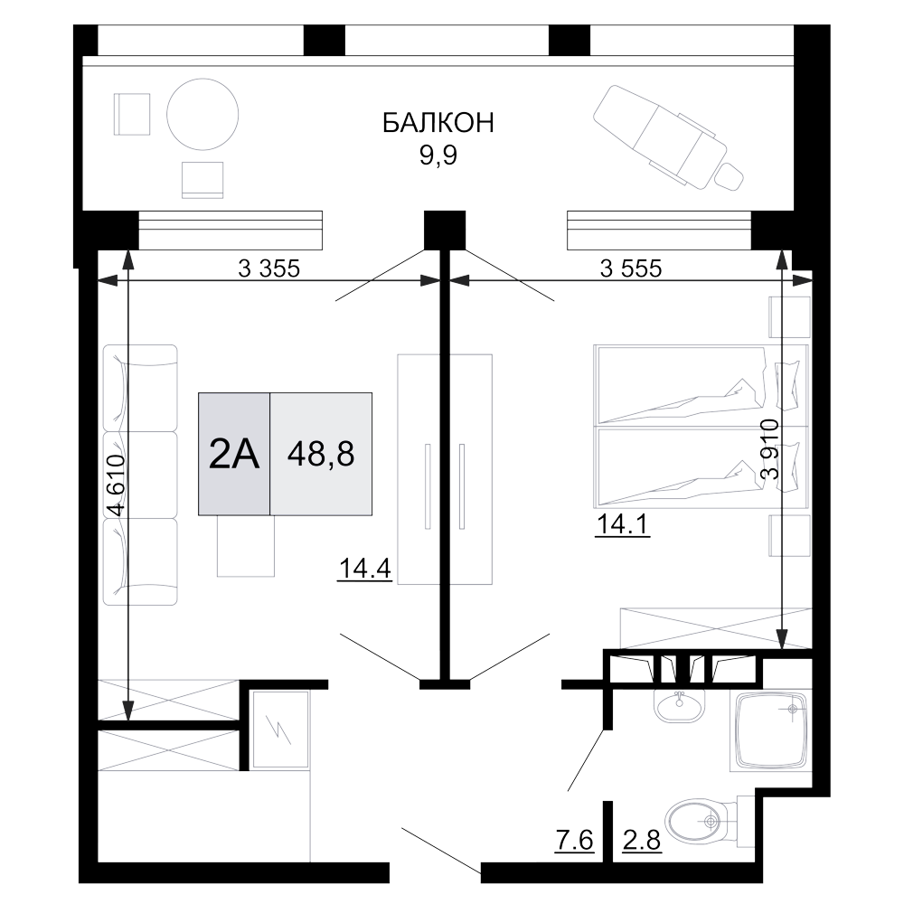 Планировка — Гостиничный комплекс Мореград, 2-комн., 39 м²