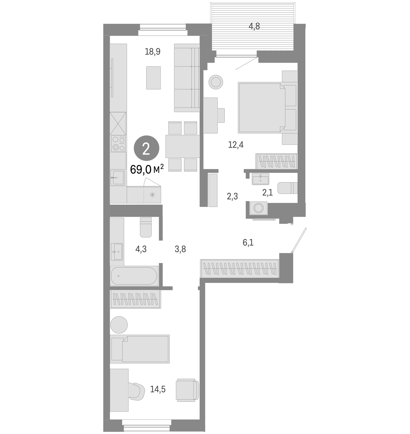 Планировка — Пшеница, 3-комн., 64 м²