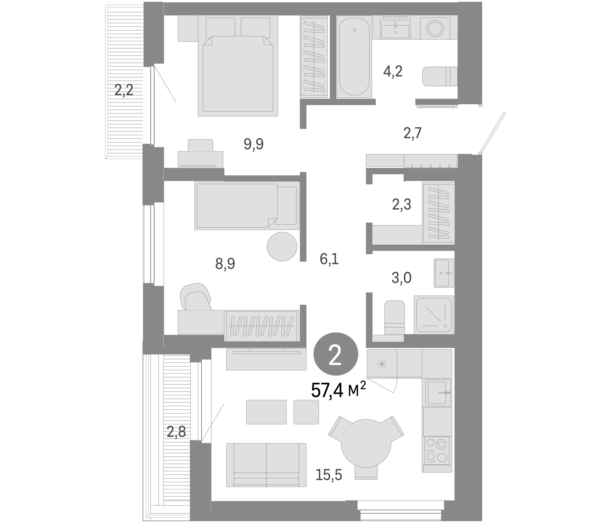 Планировка — Пшеница, 3-комн., 52 м²