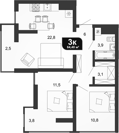 Планировка — Сочи Парк, 2-комн., 58 м²