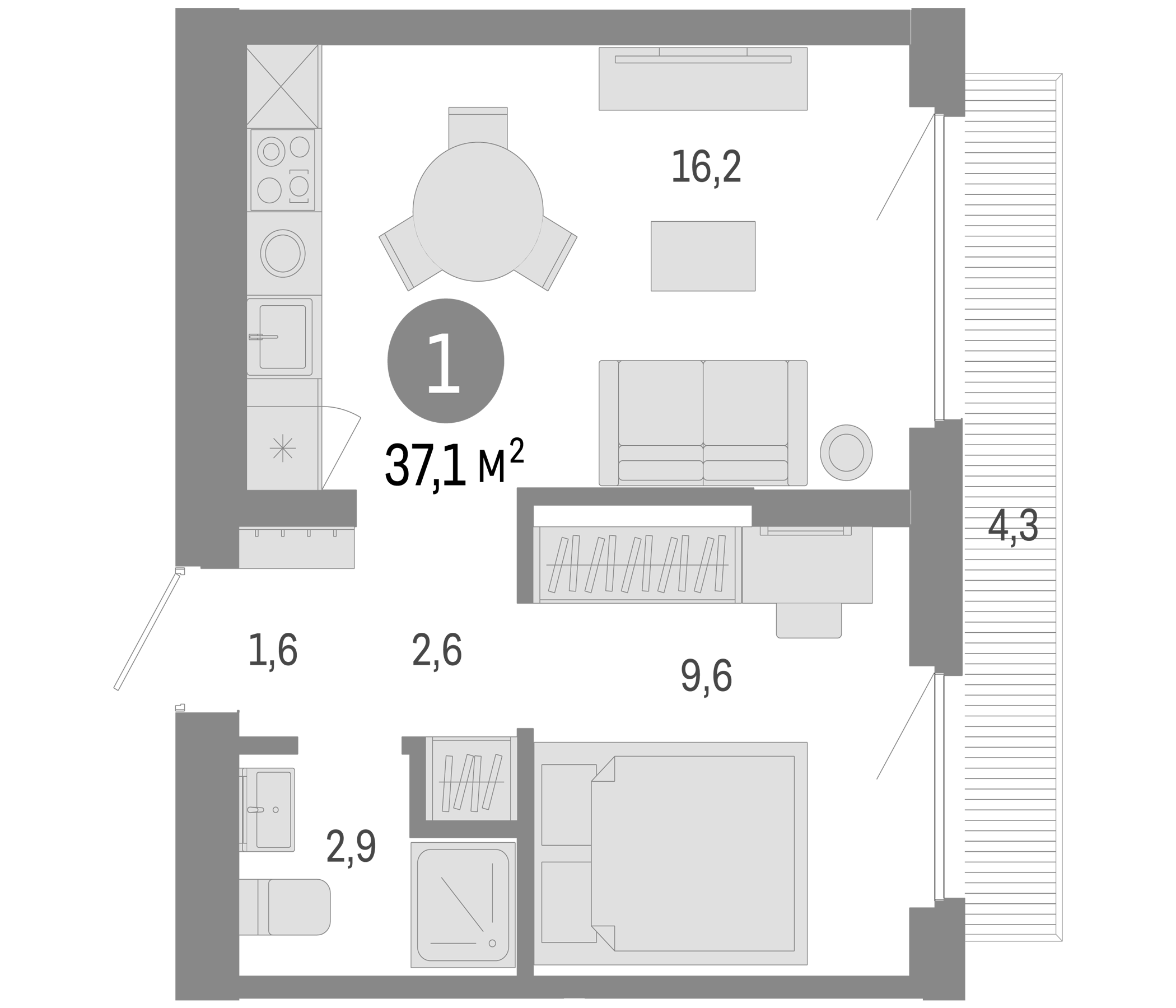 Планировка — Пшеница, 2-комн., 33 м²