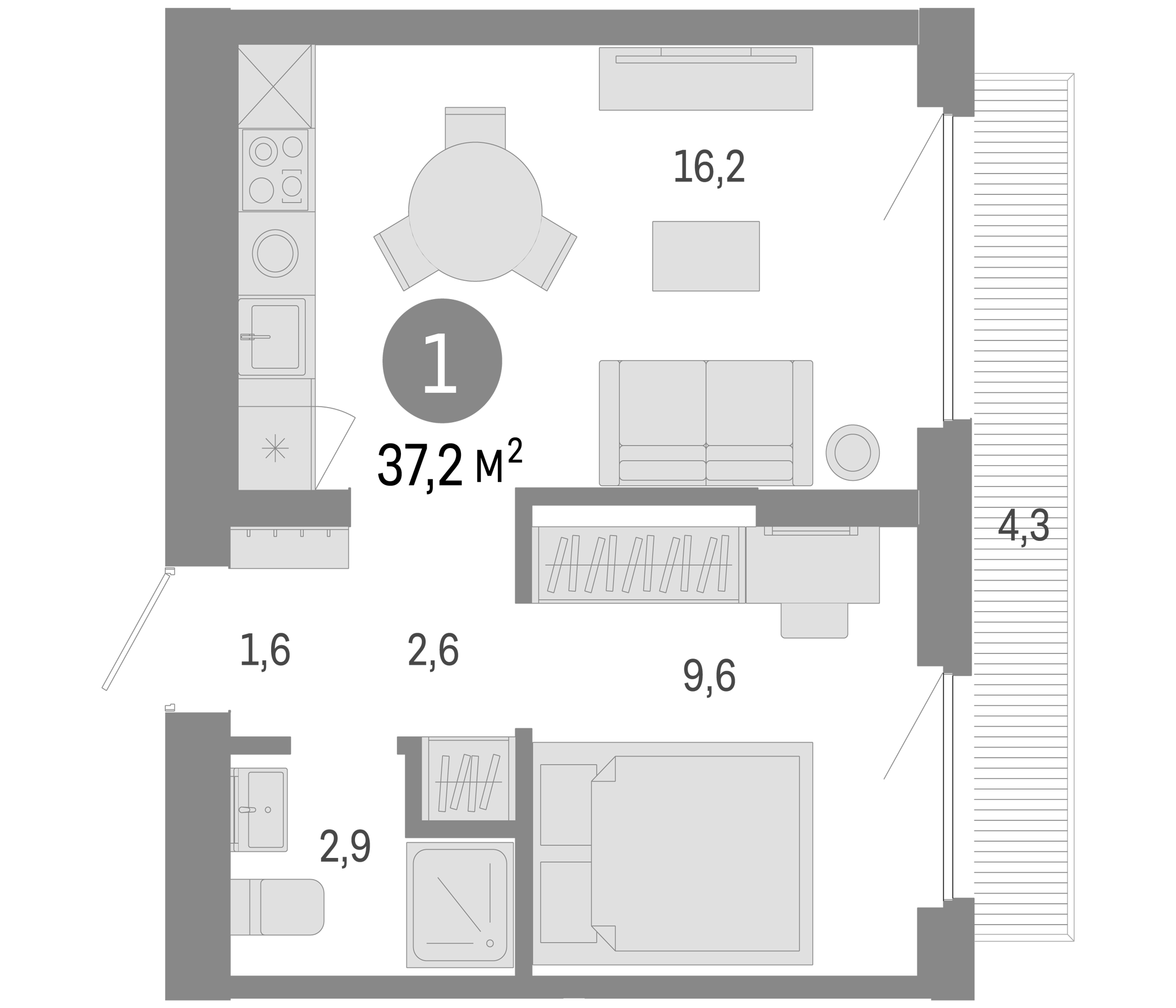 Планировка — Пшеница, 2-комн., 33 м²