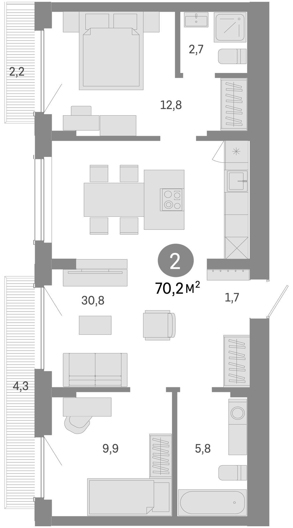 Планировка — Пшеница, 3-комн., 64 м²
