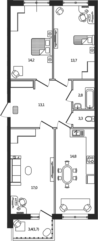Планировка — Сиреневый бульвар, 3-комн., 77 м²