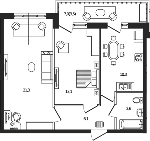 Планировка — Сиреневый бульвар, 2-комн., 54 м²