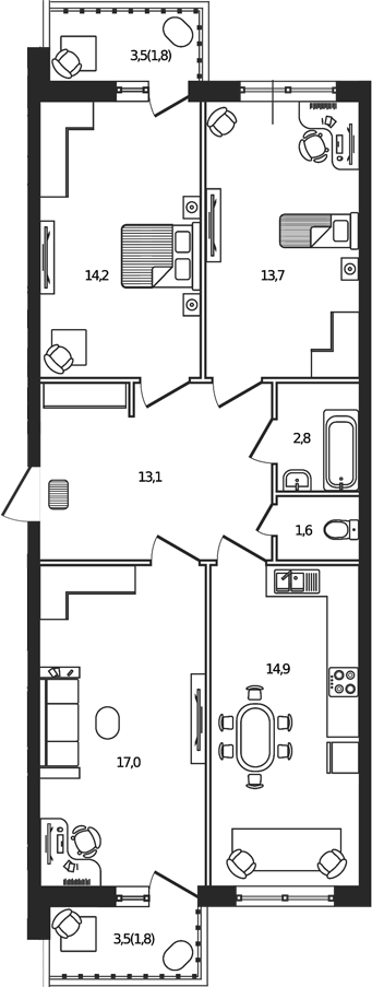 Планировка — Сиреневый бульвар, 3-комн., 77 м²