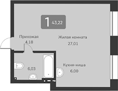 Планировка — Марсель-2, 1-комн., 43 м²