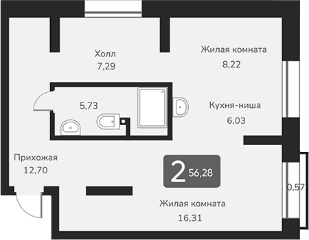 Планировка — Марсель-2, 1-комн., 56 м²