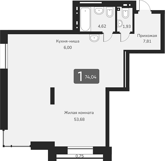 Планировка — Марсель-2, 1-комн., 74 м²