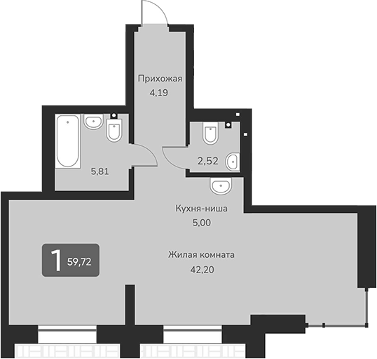 Планировка — Марсель-2, 1-комн., 60 м²