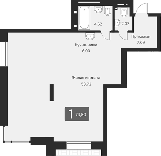 Планировка — Марсель-2, 1-комн., 74 м²