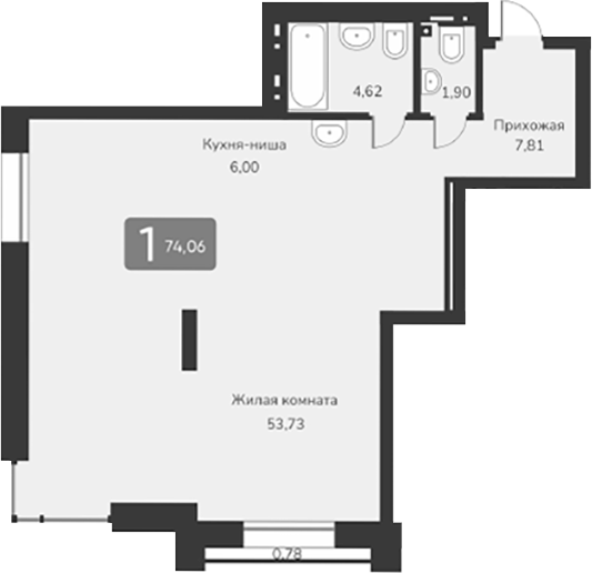 Планировка — Марсель-2, 1-комн., 74 м²