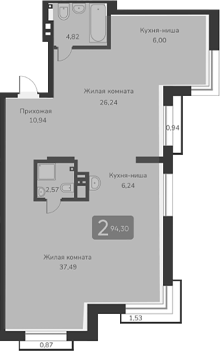 Планировка — Марсель-2, 2-комн., 94 м²