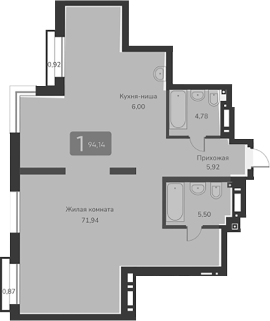 Планировка — Марсель-2, 1-комн., 94 м²