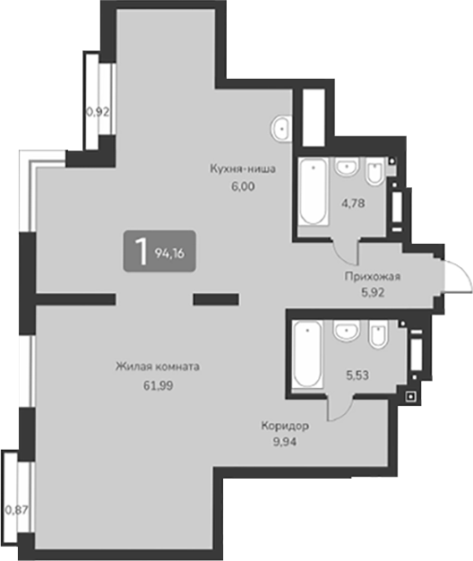 Планировка — Марсель-2, 1-комн., 94 м²