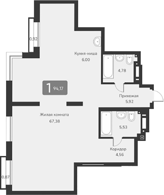 Планировка — Марсель-2, 1-комн., 94 м²