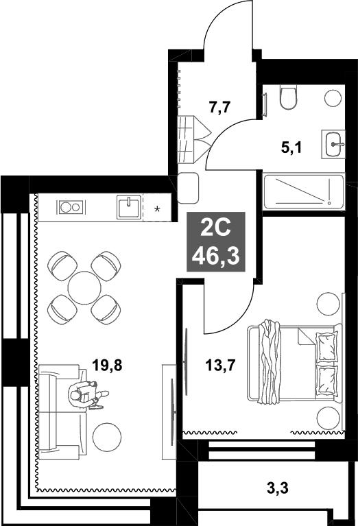 Планировка — Инские Холмы , 2-комн., 46 м²