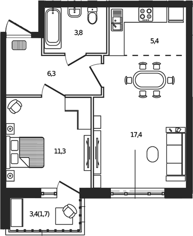 Планировка — Сиреневый бульвар, 2-комн., 44 м²