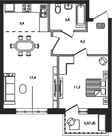 Планировка — Сиреневый бульвар, 2-комн., 44 м²