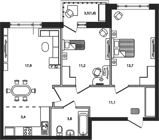 Планировка — Сиреневый бульвар, 3-комн., 63 м²