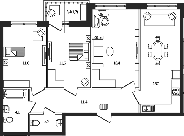 Планировка — Сиреневый бульвар, 3-комн., 76 м²