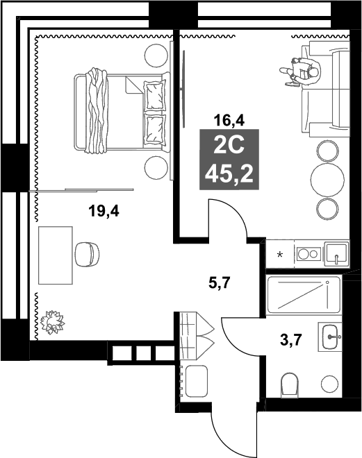 Планировка — Инские Холмы , 2-комн., 45 м²