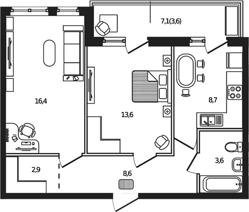 Планировка — Сиреневый бульвар, 2-комн., 54 м²