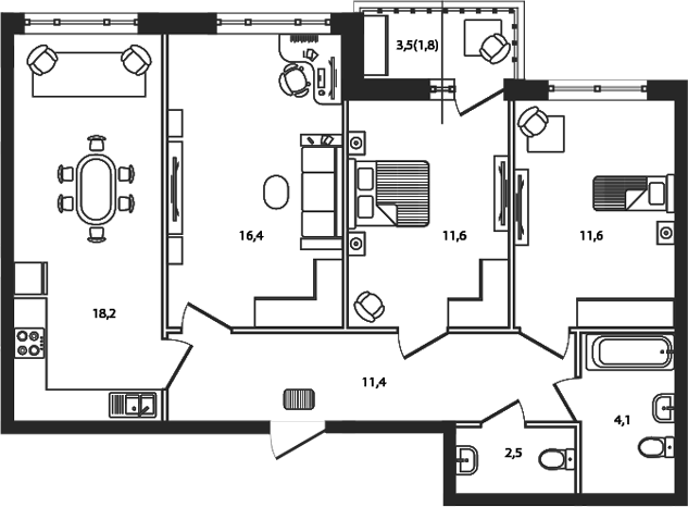 Планировка — Сиреневый бульвар, 3-комн., 76 м²