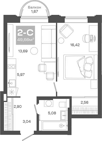 Планировка — Пульсар, 2-комн., 49 м²