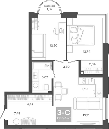 Планировка — Пульсар, 3-комн., 68 м²