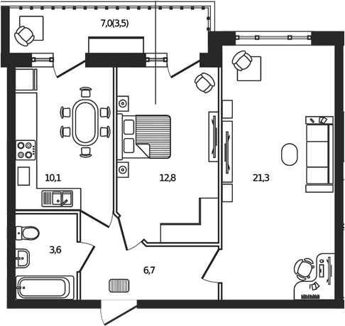 Планировка — Сиреневый бульвар, 2-комн., 55 м²