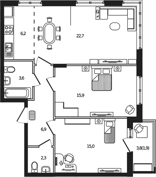 Планировка — Сиреневый бульвар, 3-комн., 73 м²