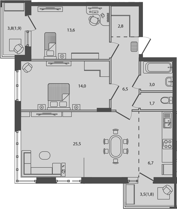Планировка — Сиреневый бульвар, 3-комн., 74 м²