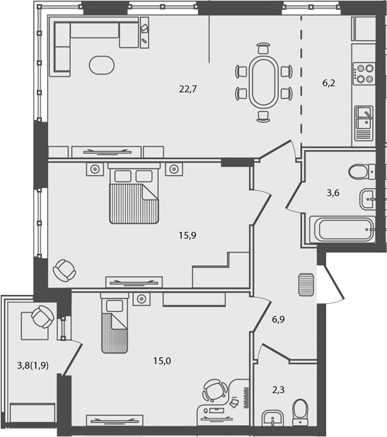 Планировка — Сиреневый бульвар, 3-комн., 73 м²