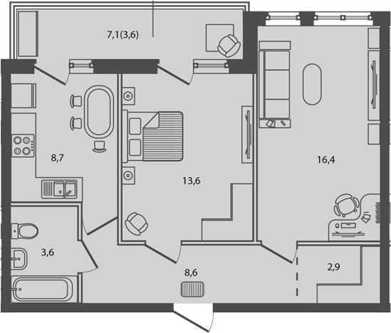 Планировка — Сиреневый бульвар, 2-комн., 54 м²
